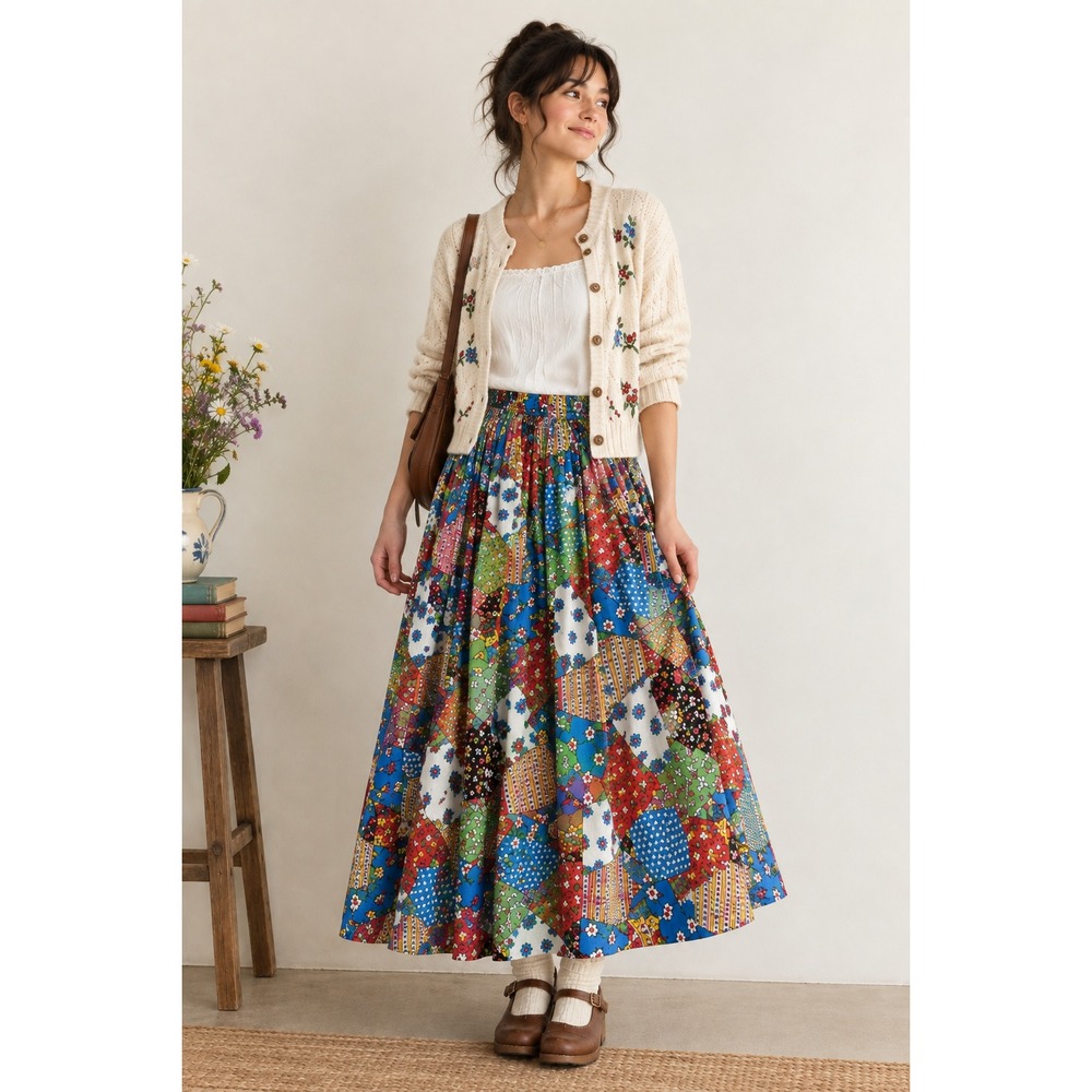Patchwork Print A-line Midi Skirt Multicolored Women's XS/S Folkcore Cottagecore